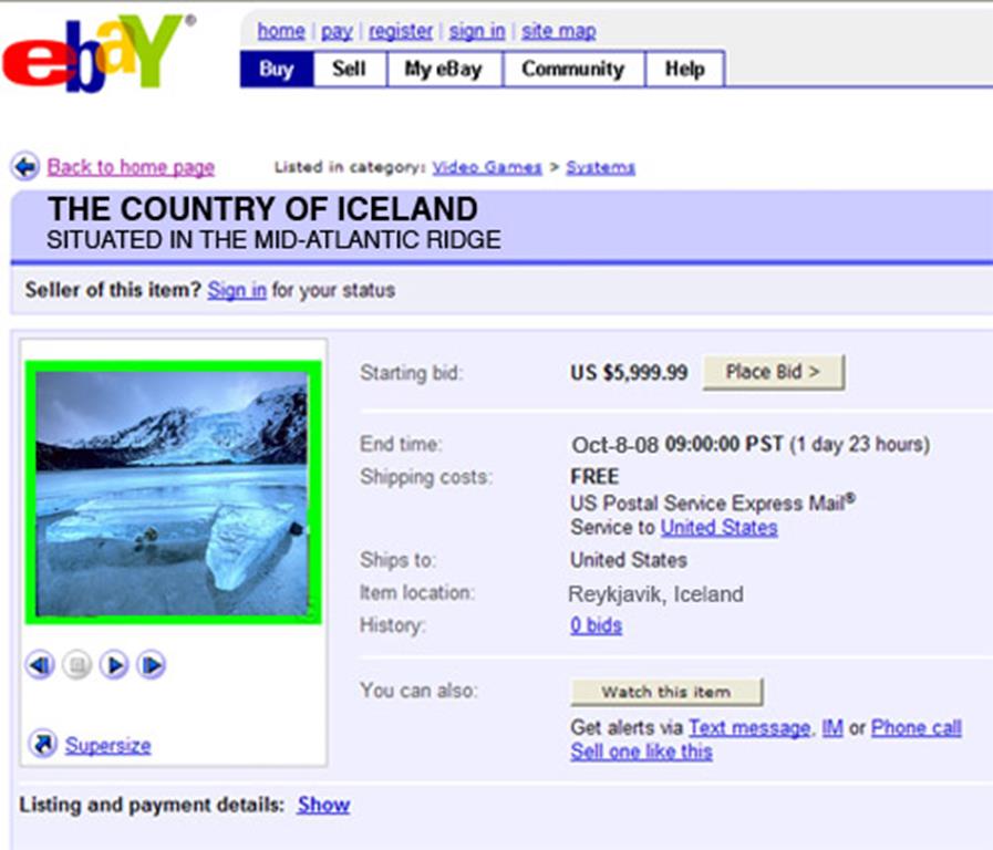leilão da Islândia pelo preço inicial de 90 pences